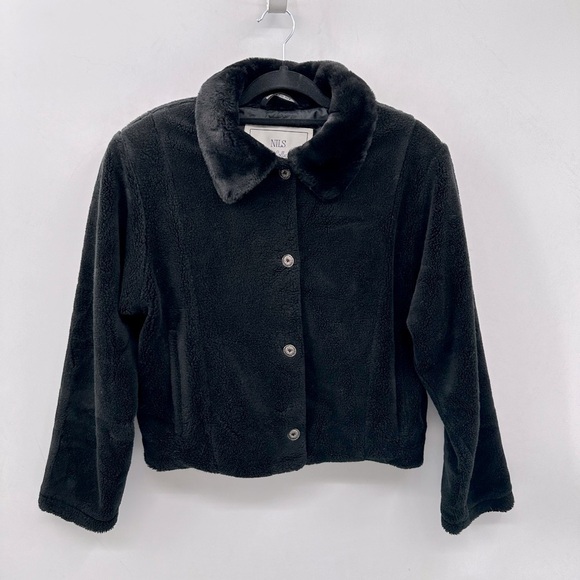 NILS VINTAGE RESORT COLLECTION FAUX FUR black lined button woman's jacket.  L - Picture 1 of 12